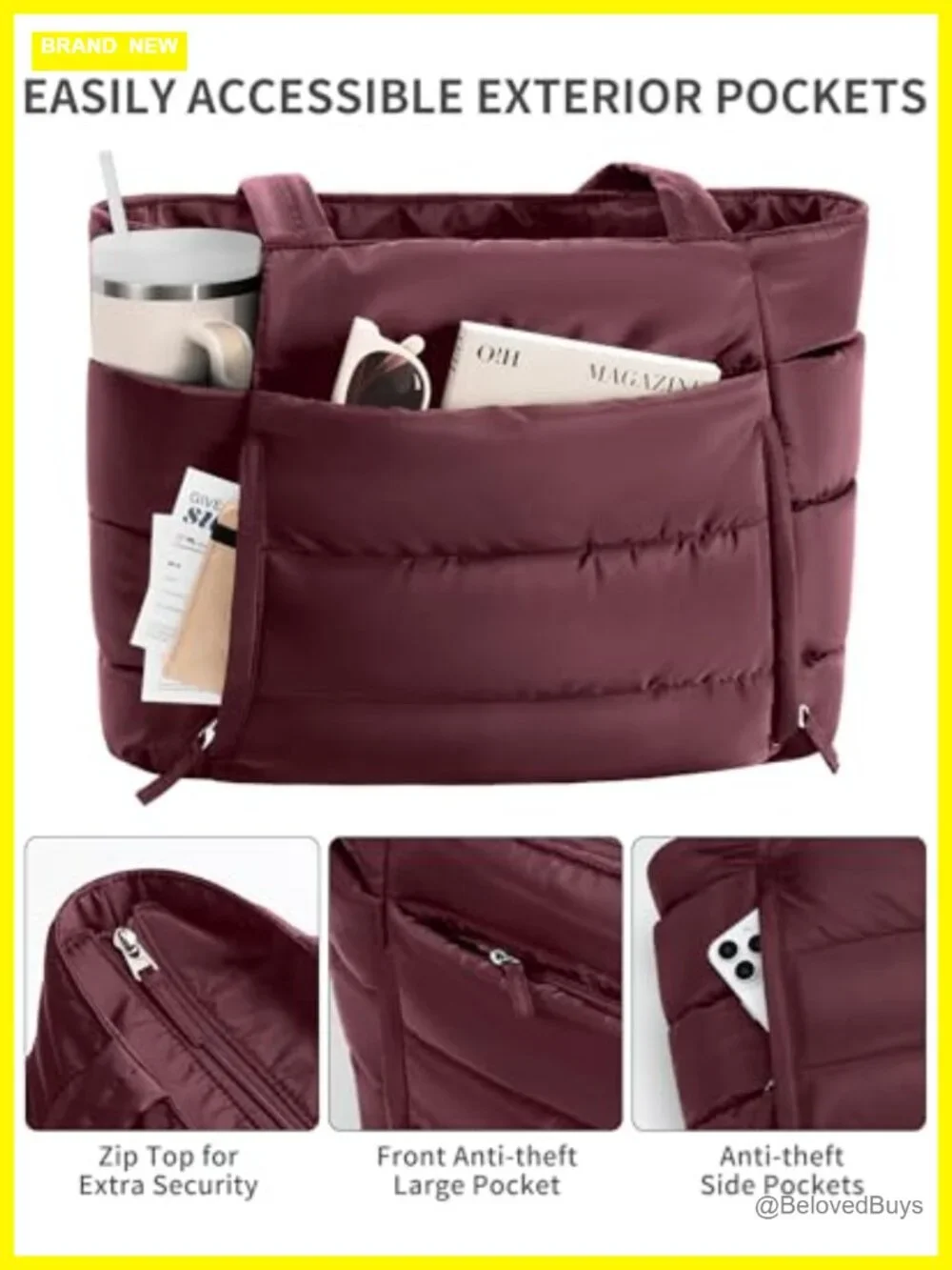 Lightweight Puffer Tote Bag with Laptop Sleeve, Quilted Shoulder Bag for Work